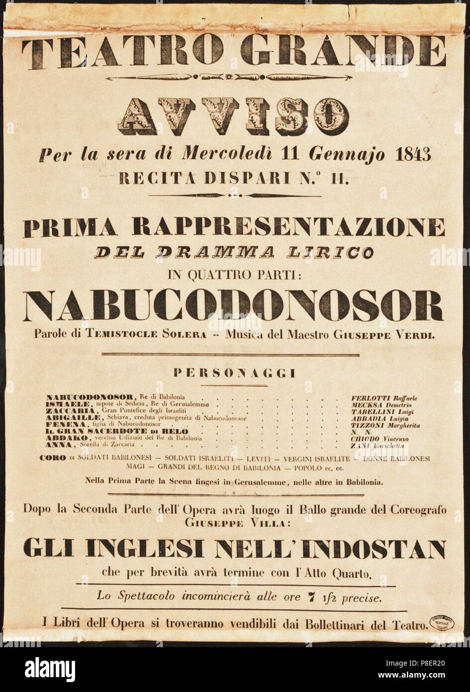Plakat für die Oper Nabucco von Giuseppe Verdi im Teatro Grande am 11. Januar 1843. Museum: Fondazione Giuseppe Verdi, Mailand. Stockfoto