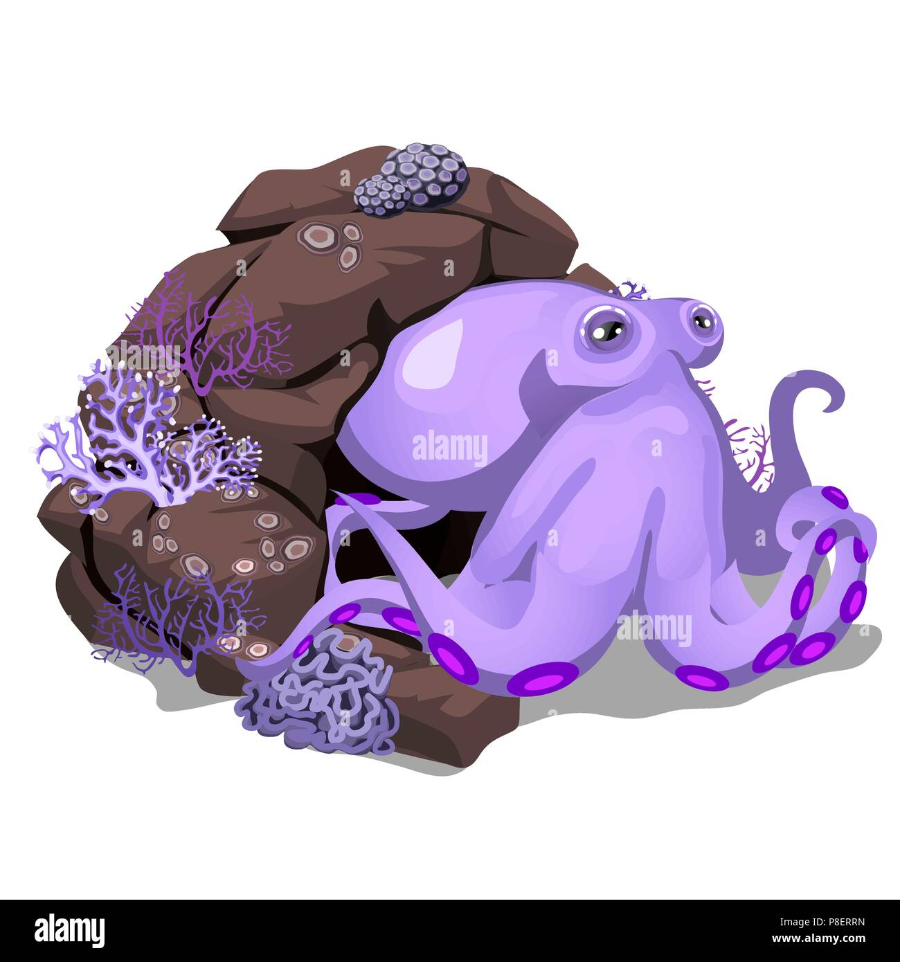 Cartoon lila Oktopus versteckt in der Felsengrotte. Bewohner der Meere und Ozeane auf weißem Hintergrund. Vector Illustration. Stock Vektor