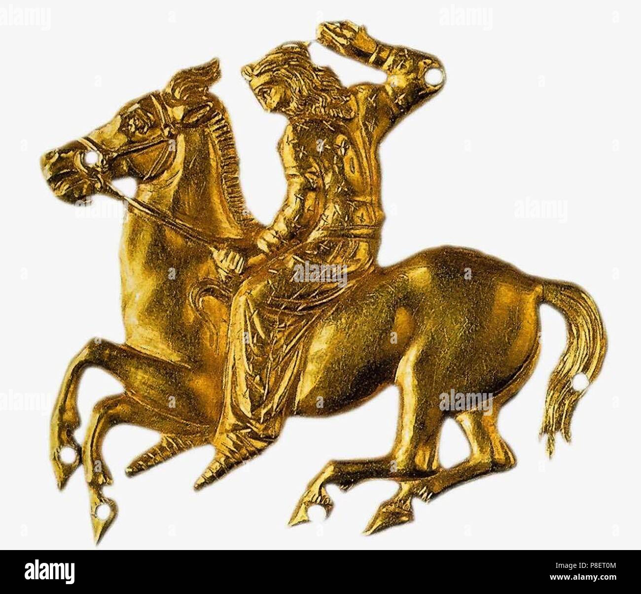 Goldene Plakette in Form eines skythischen auf dem Pferd. Museum: Staatliches Historisches Museum, Moskau. Stockfoto