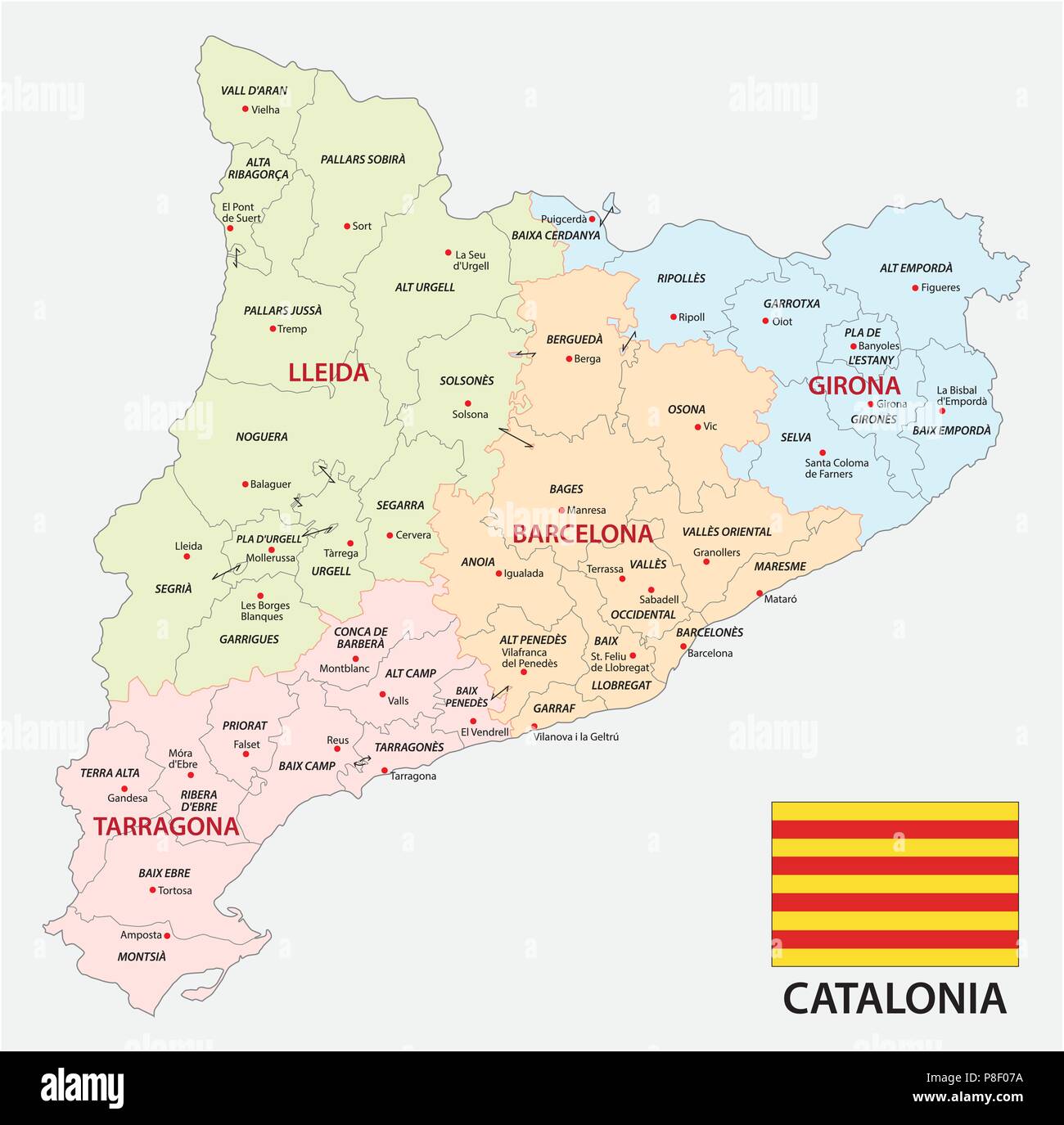 Katalonien administrative und politische Vektorkarte mit Fahne. Stock Vektor