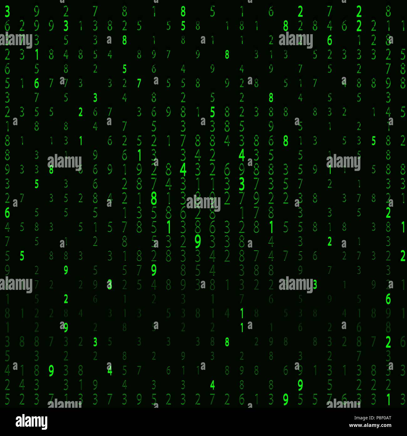Hintergrund in einer Matrix Stil. Der zufallszahlen. Grün ist dominierende Farbe. Vector Illustration Stock Vektor