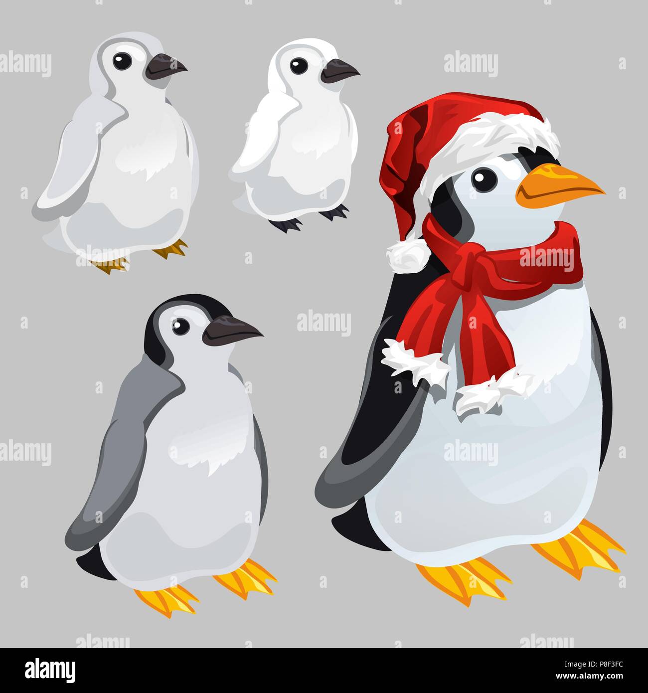 Pinguin in roten Schal und Hut im neuen Jahr und Weihnachten isoliert auf grauen Hintergrund. Vektor cartoon Close-up Abbildung. Stock Vektor