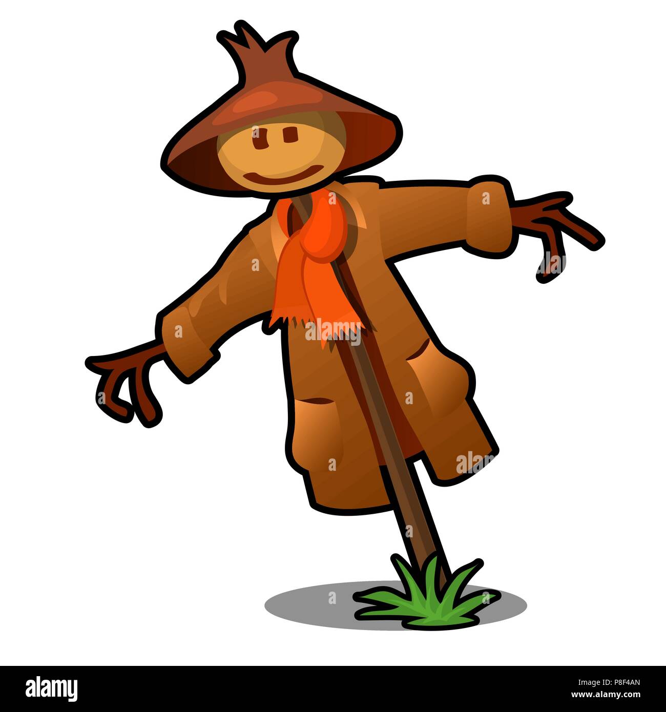 Vogelscheuche im roten Schal und braunen Hut auf weißem Hintergrund. Vektor cartoon Close-up Abbildung. Stock Vektor