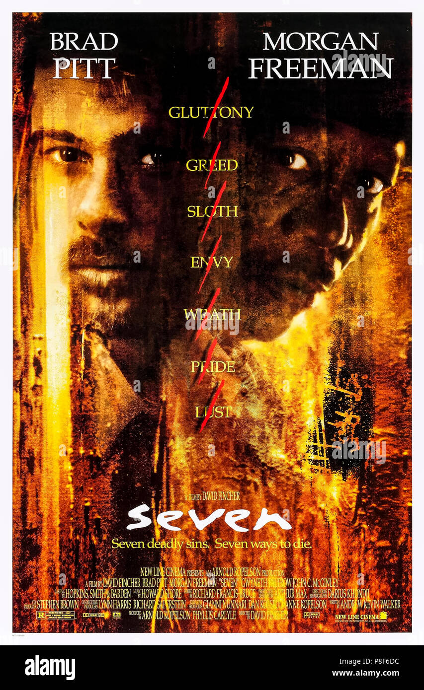Seven (1995) (Se7en) von David Fincher mit Morgan Freeman, Brad Pitt, Kevin Spacey und Gwyneth Paltrow. Zwei Detectives auf der Spur eines verzerrten Serienmörders, die die sieben tödlichen Sünden benutzen, um seine Opfer auszuwählen. Foto: Original-Poster aus dem Jahr 1995, NUR FÜR REDAKTIONELLE ZWECKE. Beschreibung: BFA / New Line Cinema Stockfoto