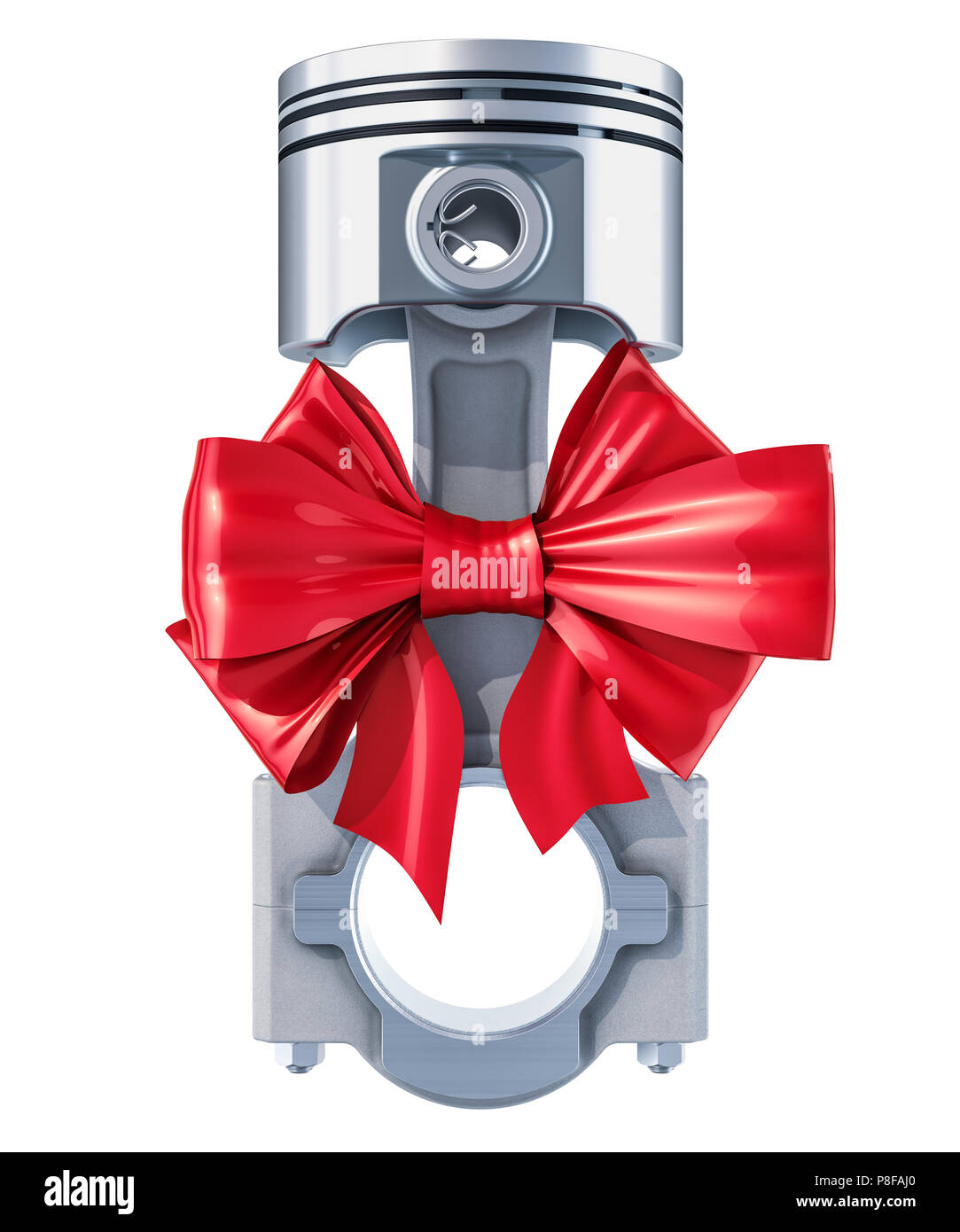 Motor Kolben mit roter Schleife, Geschenk, das Konzept. 3D-Rendering auf weißem Hintergrund Stockfoto