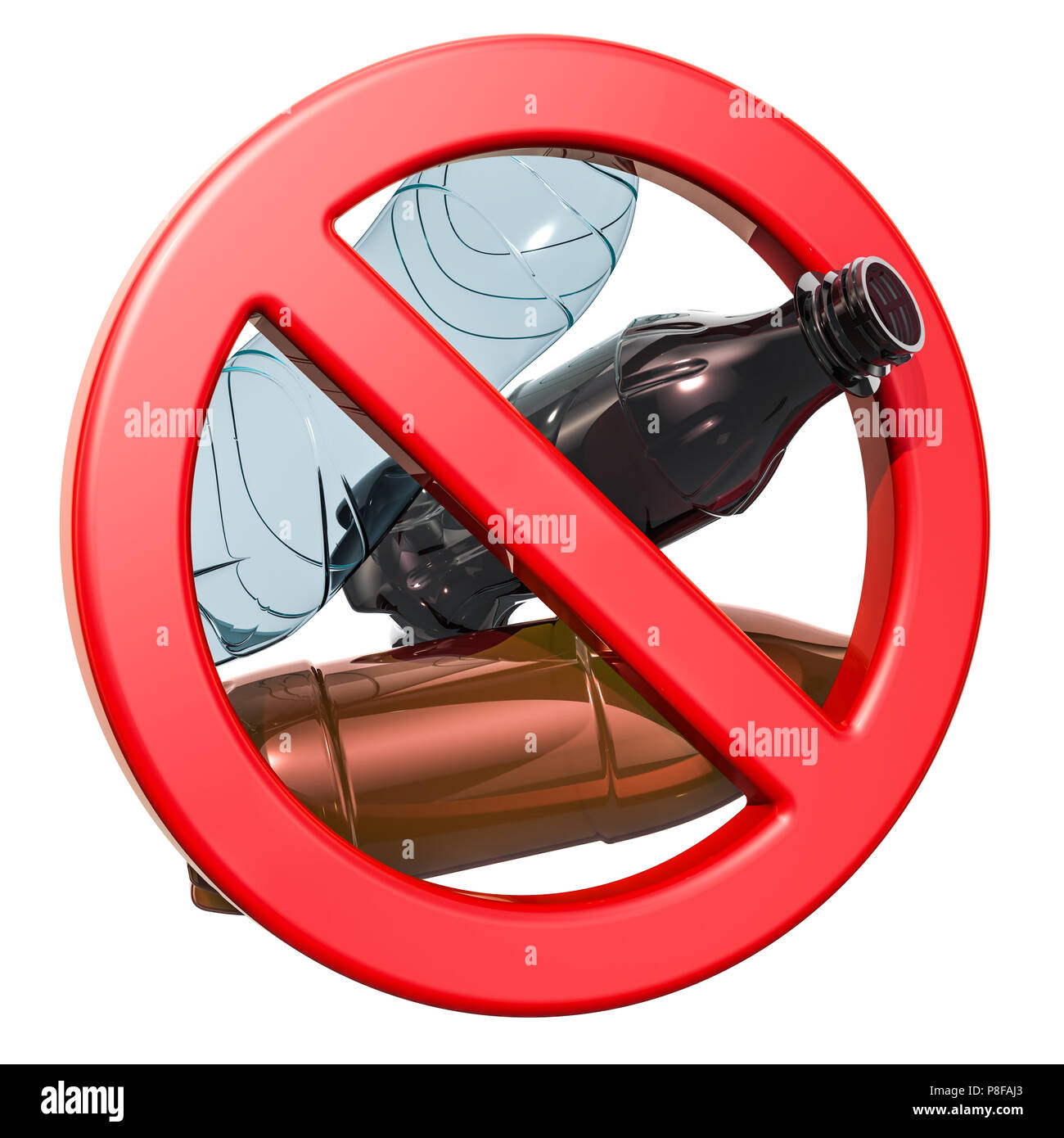 Verboten Schild mit Plastikflaschen, 3D-Rendering auf weißem Hintergrund Stockfoto