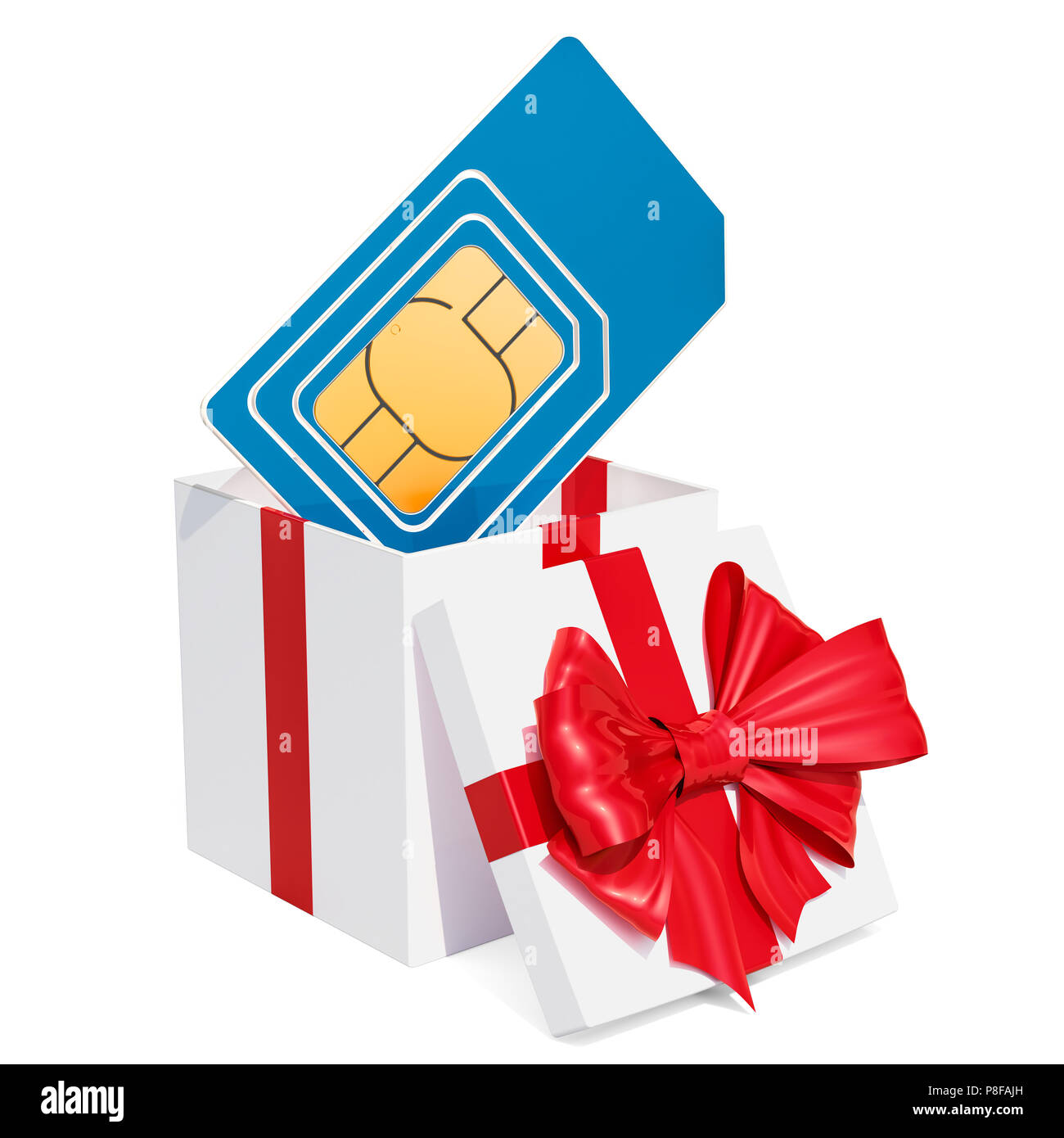 Sim-Karte Geschenk, Geschenk, das Konzept. 3D-Rendering auf weißem Hintergrund Stockfoto