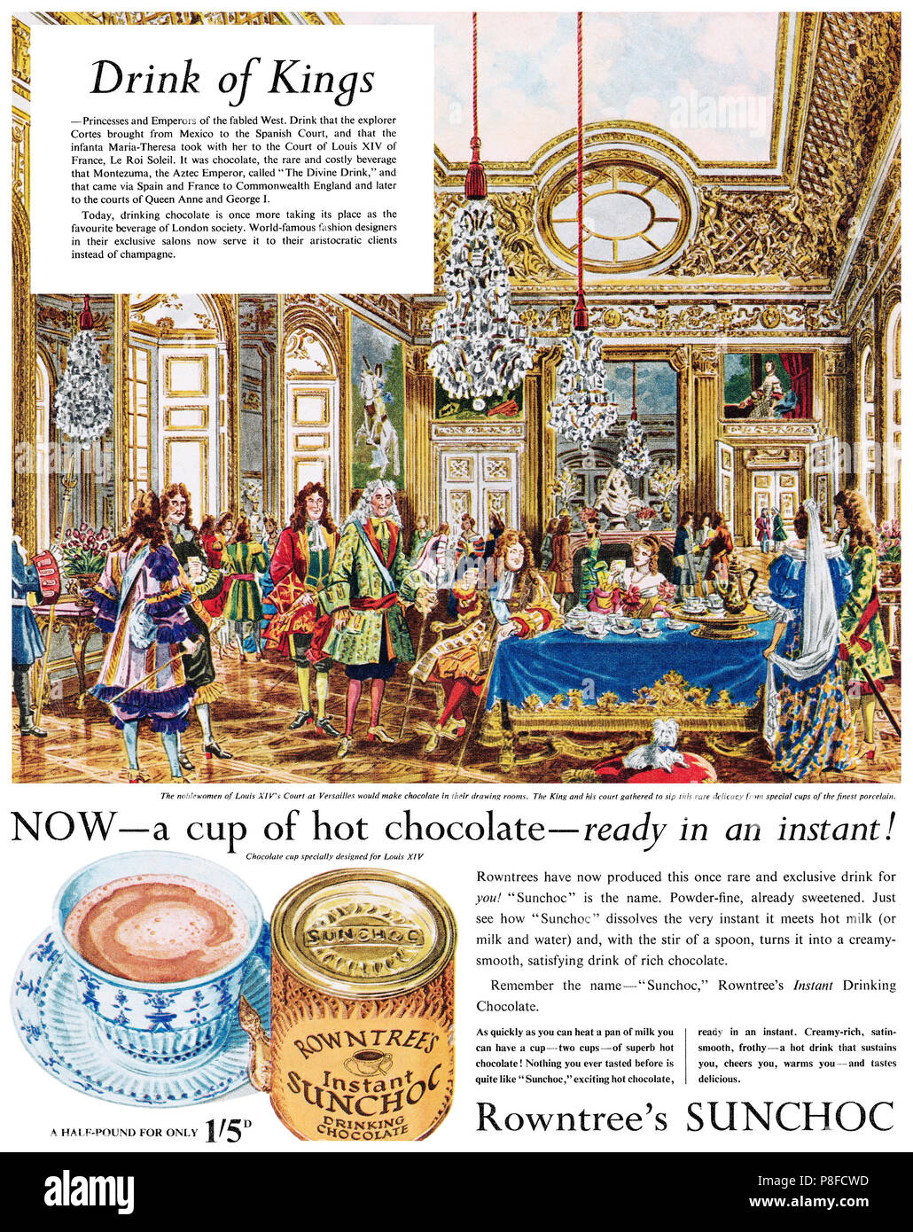 1953 britischen Werbung für Rowntree's Instant Sunchoc, Trinkschokolade. Stockfoto