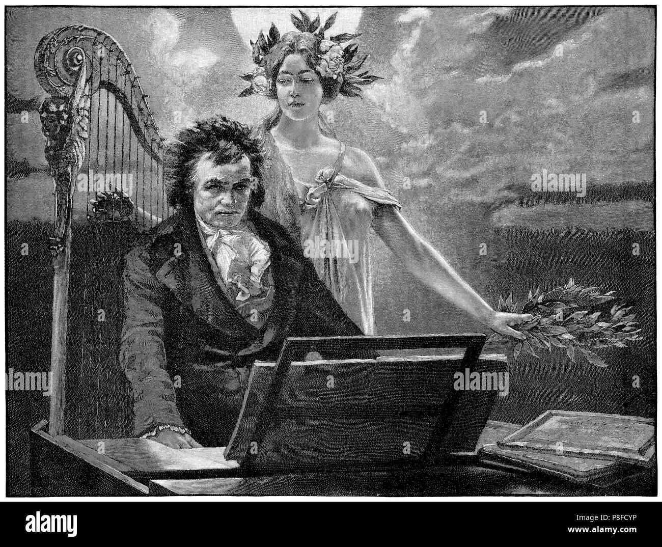 1904 vintage Gravur von Beethoven und die Muse. Aus der eigenen Papier des Mädchens. Stockfoto