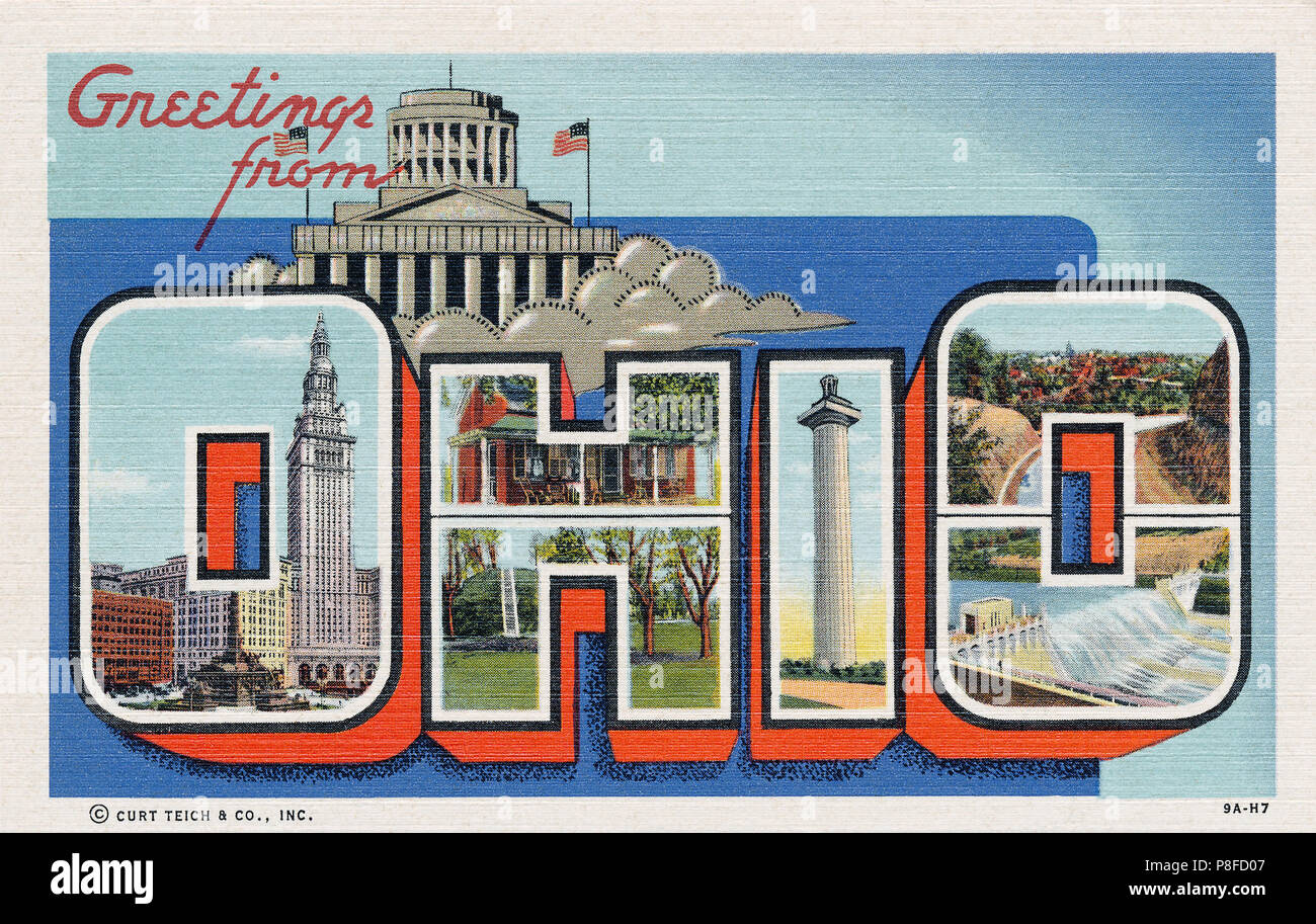 1939 Vintage US 'Grüße aus Ohio' Postkarte. Von Curt Teich veröffentlicht. Stockfoto