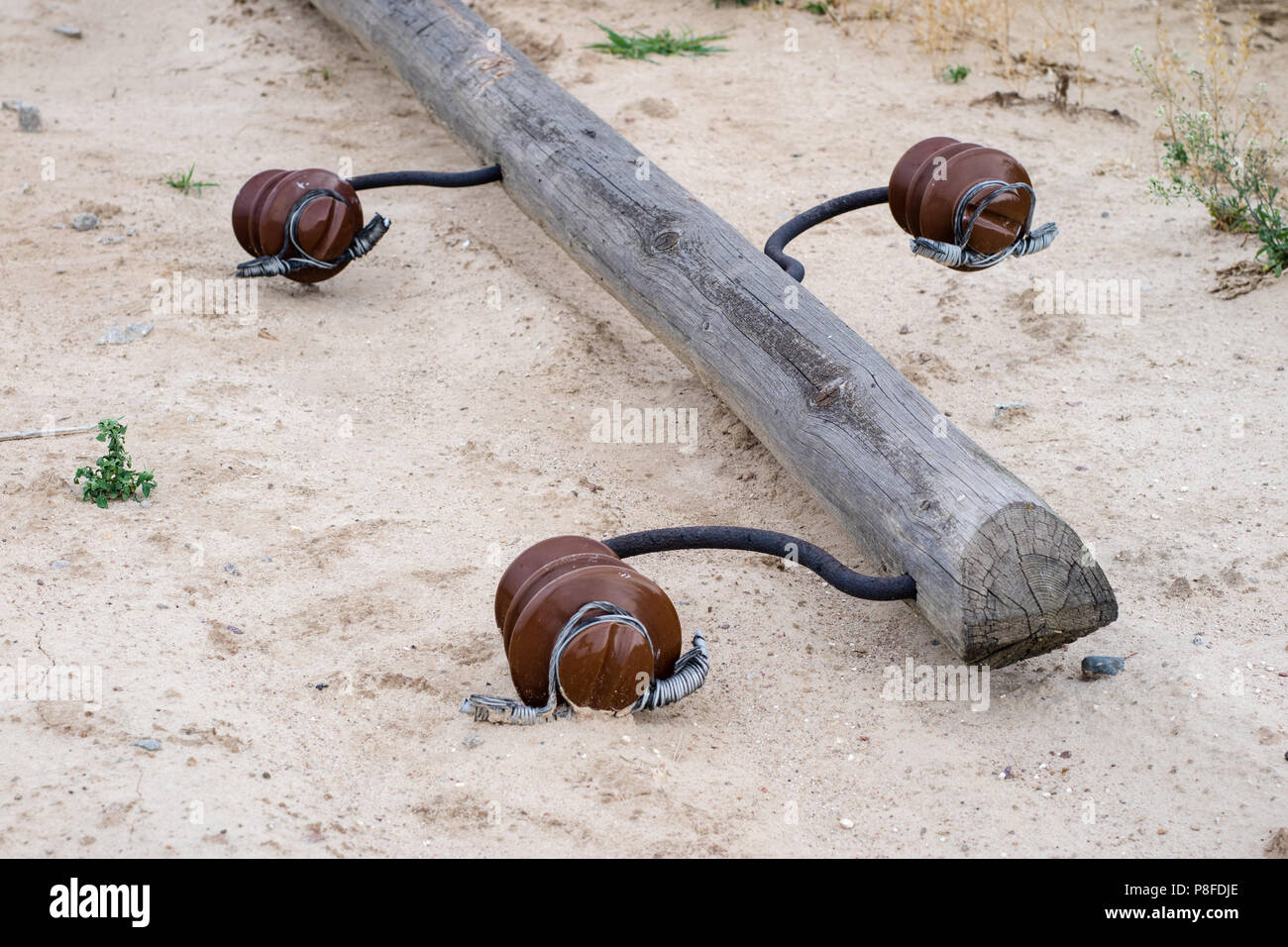 Einem alten hölzernen Strommast auf dem Boden liegen. Beschädigung der elektrischen Netz. Jahreszeit des Sommers. Stockfoto
