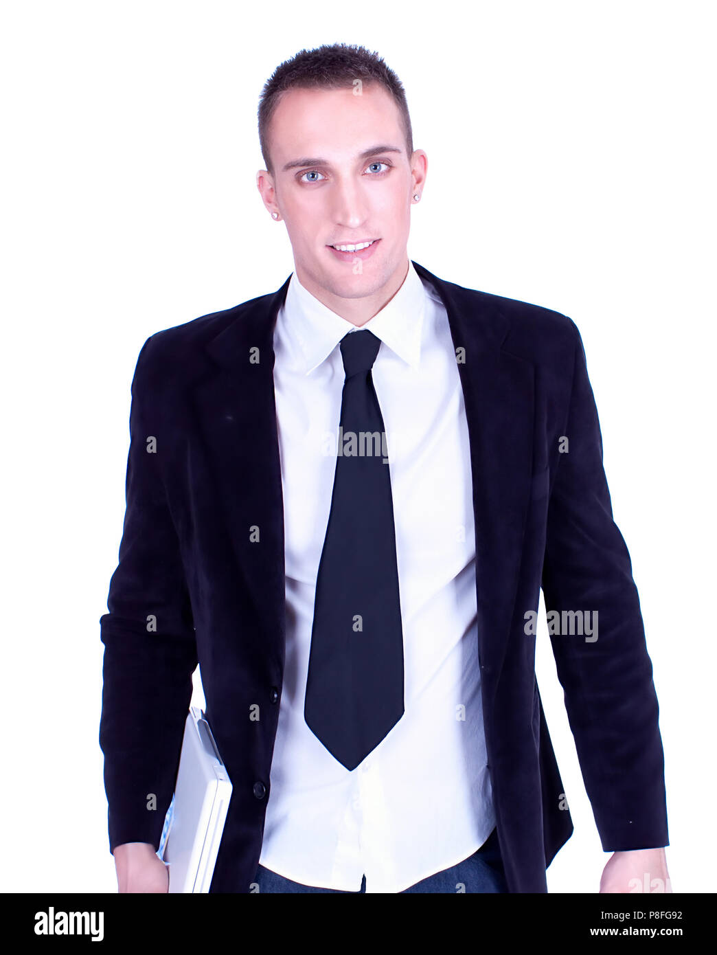Portrait von Young Business Mann mit Laptop, Studio shot Stockfoto