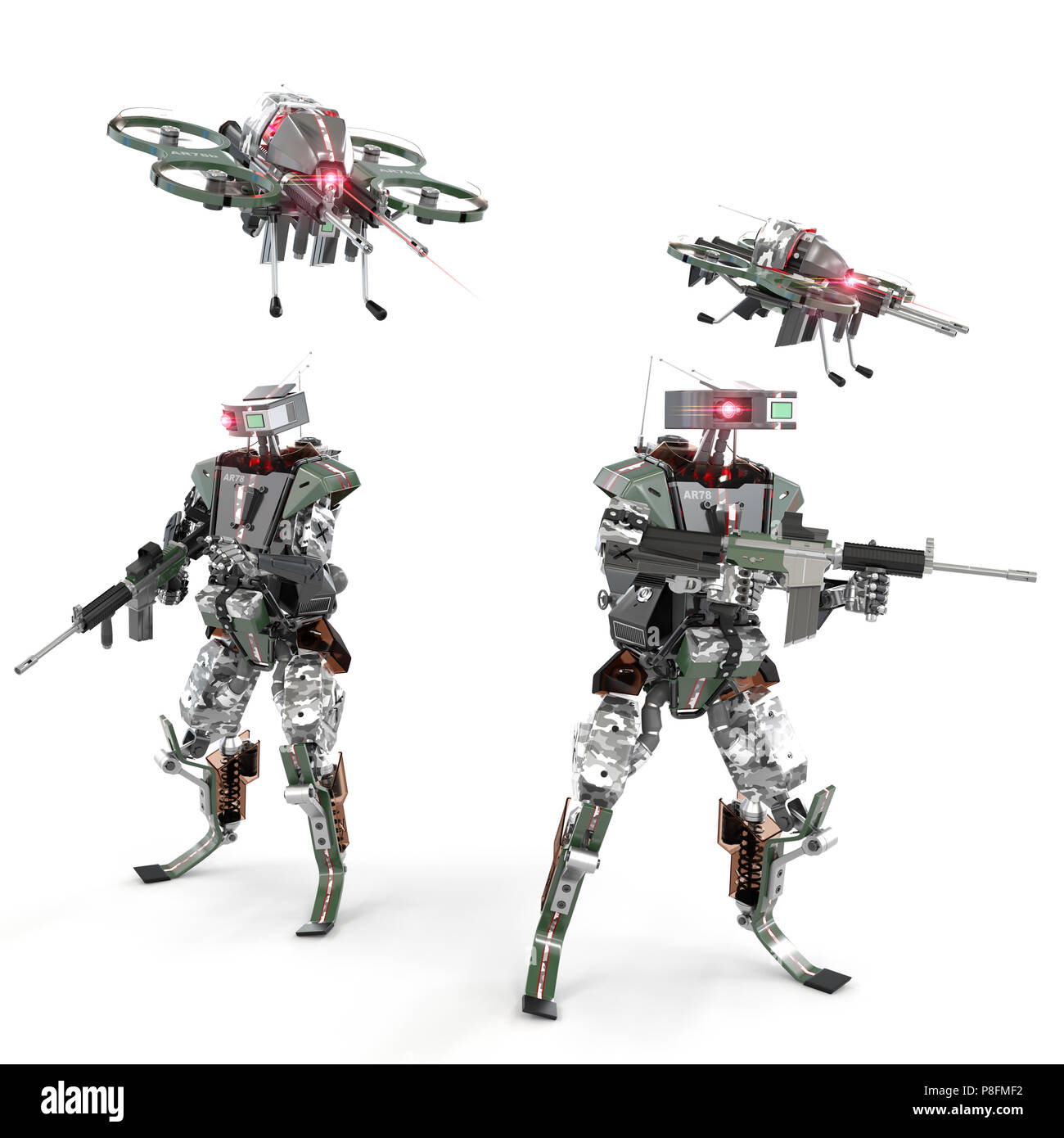 Autonome Waffen Gruppe mit zwei Drohnen und zwei Roboter, 3D-Rendering Stockfoto