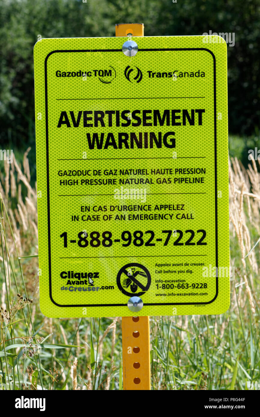 Quebec, Kanada. Warnzeichen für TransCanada u-Gasleitung in Montreal. Stockfoto