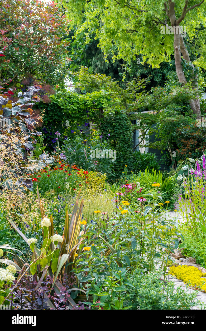 Staudenbeet mit gemischter Pflanzung von Stauden. Cottage Garden Grenze Stockfoto