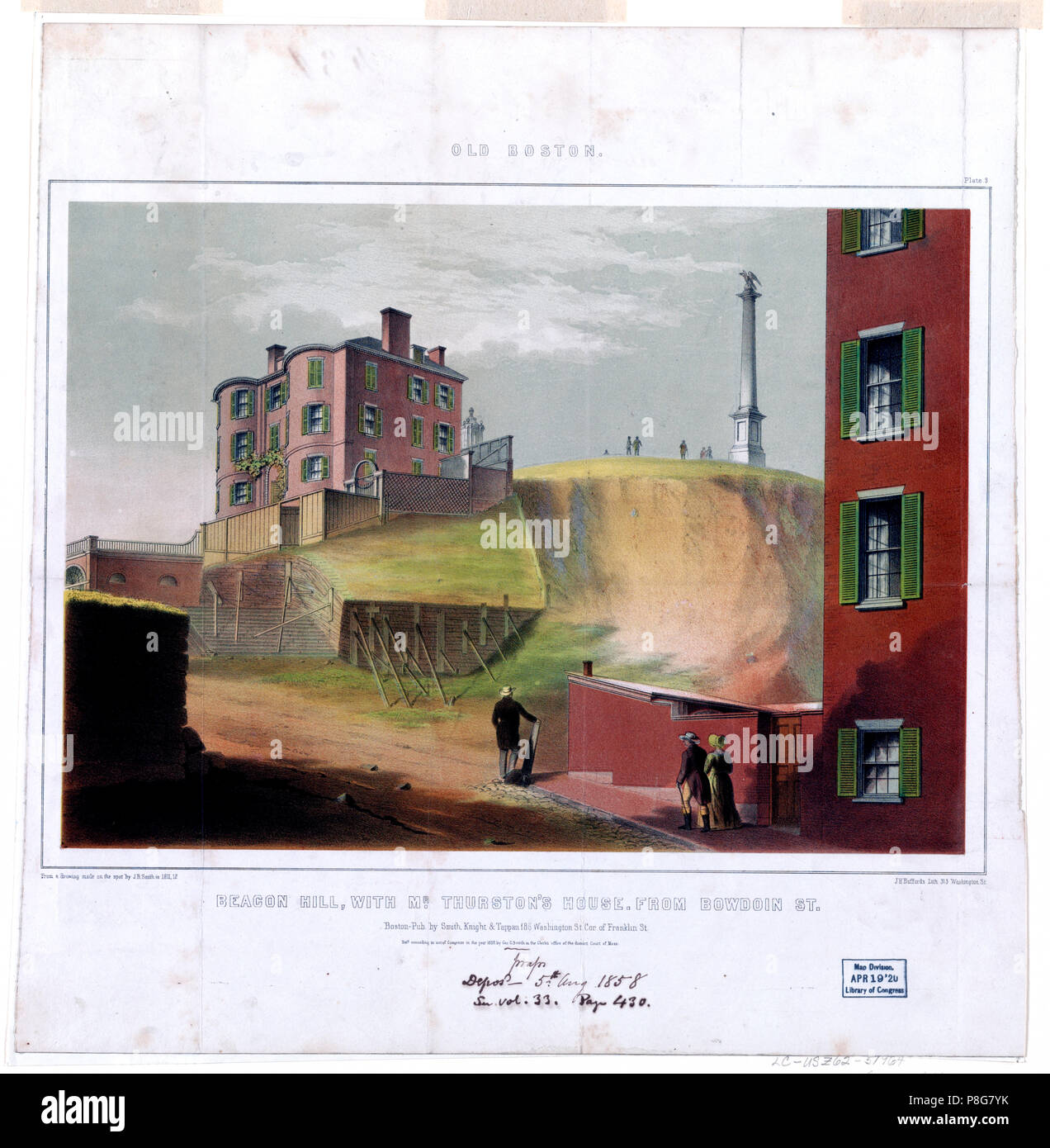 William Thurston's House in der Nähe der Oberseite der Beacon Hill, Boston, Massachusetts, von Bowdoin Street, zu der Zeit (Ca. 1811) wenn Beacon Hill wurde in der Größe reduziert. Stockfoto