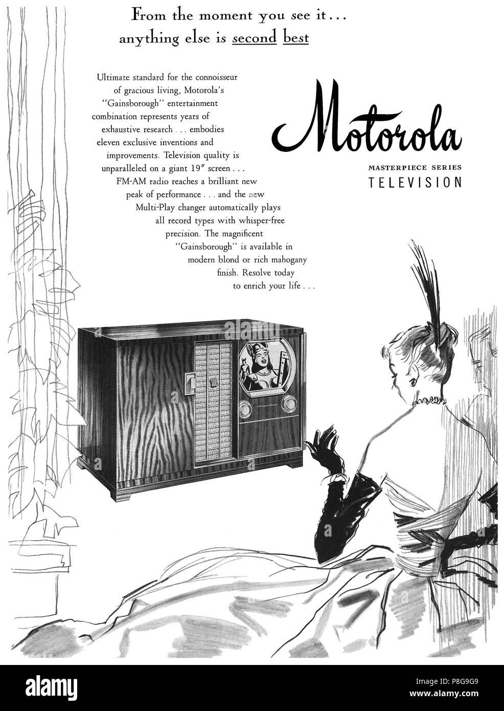 1950 US-Werbung für die Motorola Gainsborough Fernsehen, Radio und Plattenspieler. Stockfoto