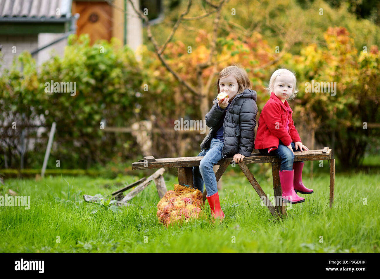 Zwei Schwestern sitzt auf einer Holzbank auf Herbst Tag Stockfoto