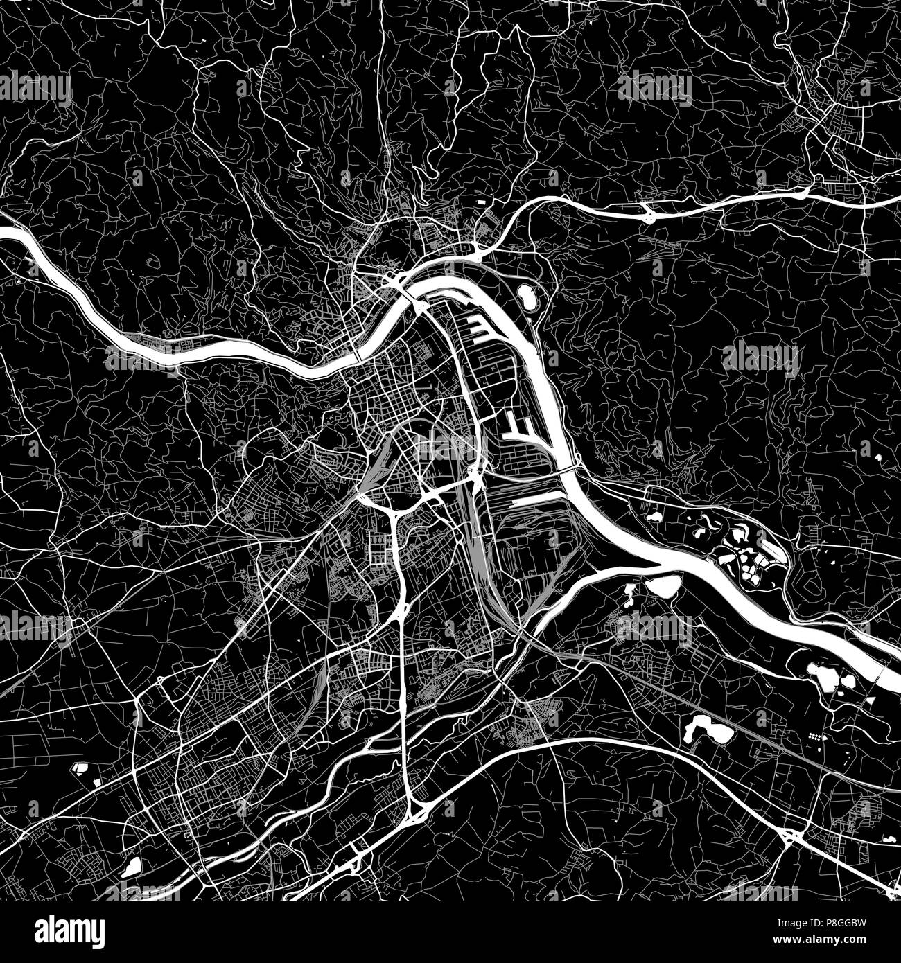 Lageplan Linz, Österreich. Der dunkle Hintergrund Version für Infografik und Marketing Projekte. Diese Karte von Linz, enthält typische Sehenswürdigkeiten mit Straßen, Stock Vektor