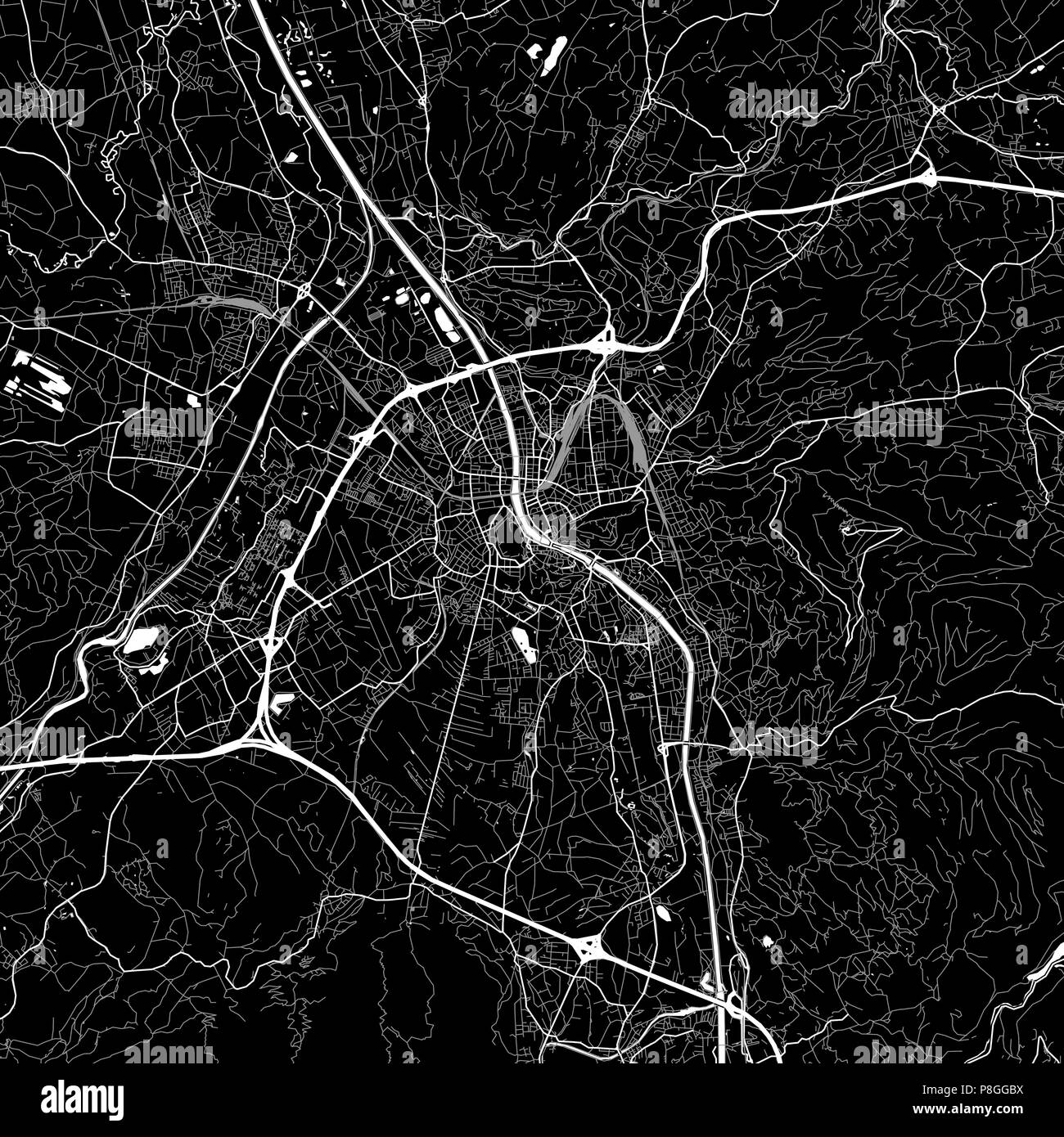 Stadtplan von Salzburg, Österreich. Der dunkle Hintergrund Version für Infografik und Marketing Projekte. Diese Karte von Salzburg, enthält typische Sehenswürdigkeiten mit s Stock Vektor