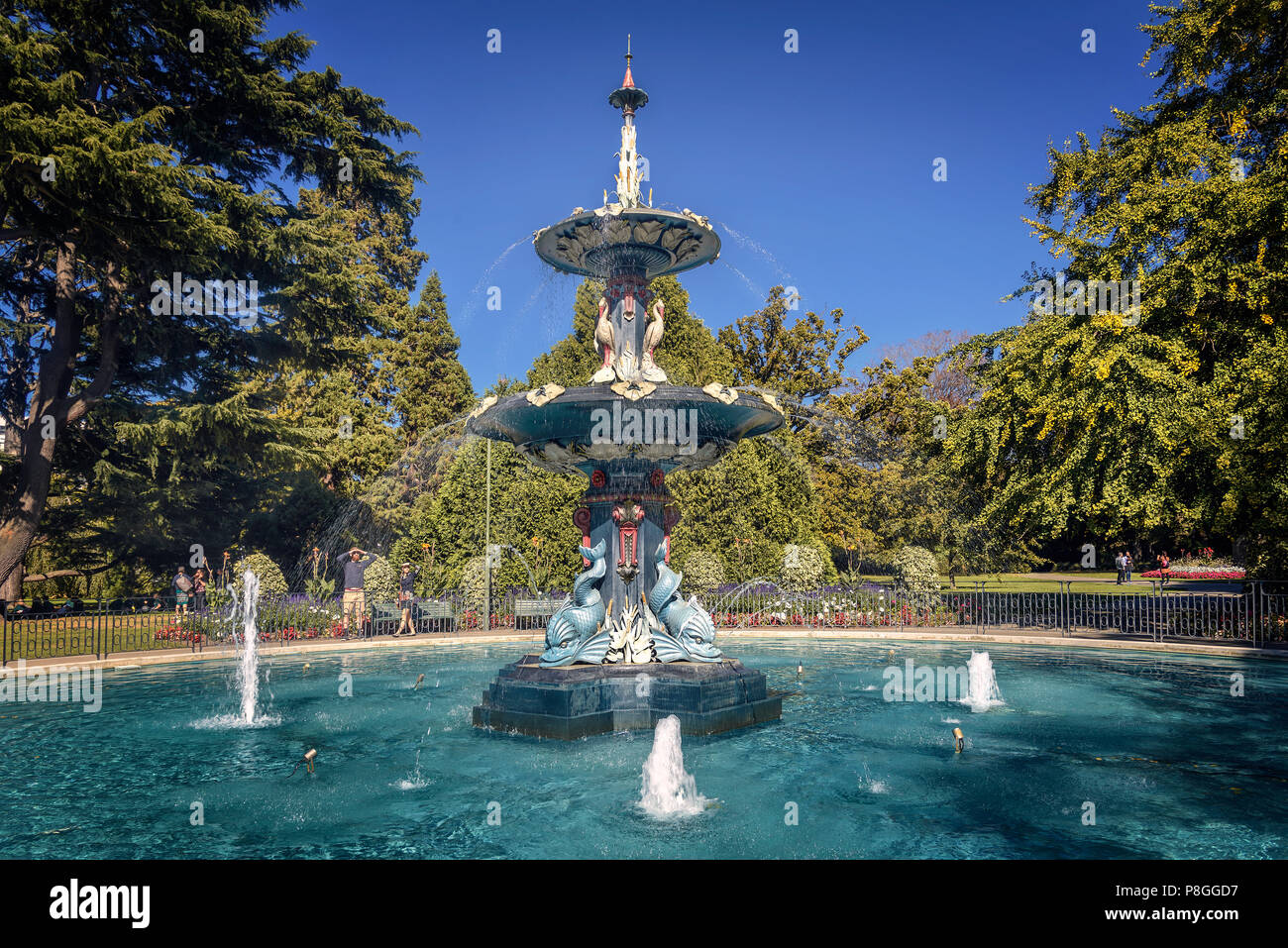 Peacock Brunnen in Christchurch Botanischer Gärten. Christchurch, Canterbury, South Island, Neuseeland Stockfoto