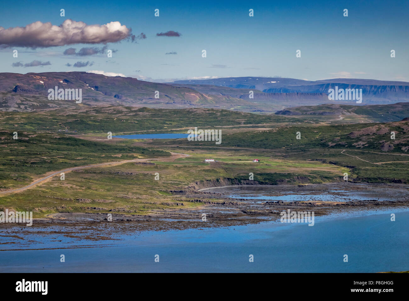 Landschaft, Hjallahals Mountain Pass, Thorskafjordur Fjord, Westfjorde, Island Stockfoto