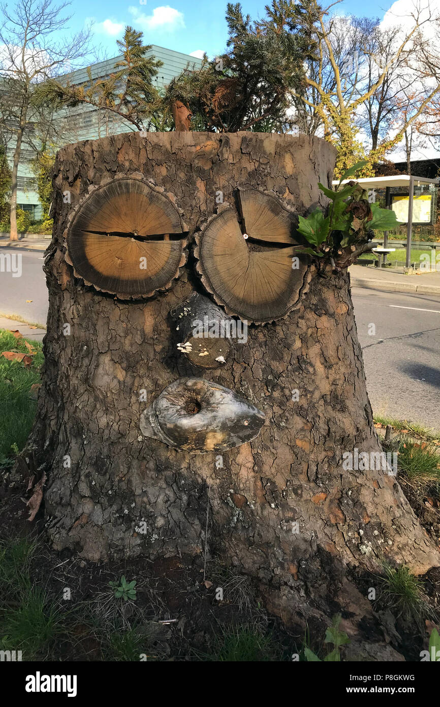 Berlin, Deutschland, Baumstumpf mit Gesicht Stockfoto