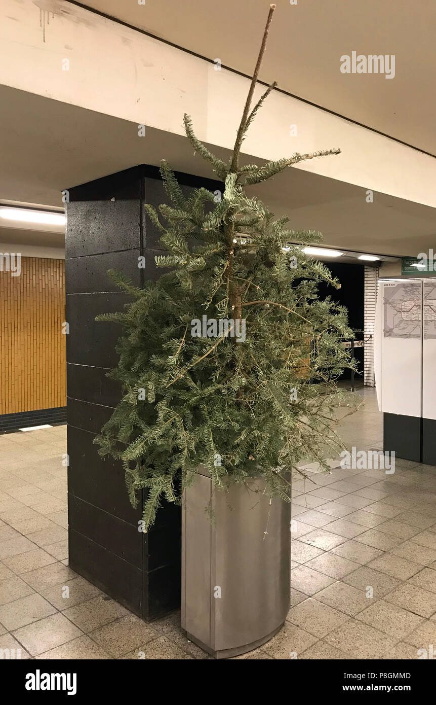 Berlin, Deutschland, Weihnachtsbaum ist in einen Mülleimer auf eine U-Bahn Station Stockfoto