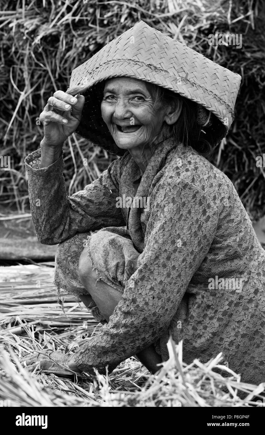 Alte Frau nimmt eine Auszeit vom Ernte Reis entlang SIDEMAN ROAD - BALI, Indonesien Stockfoto