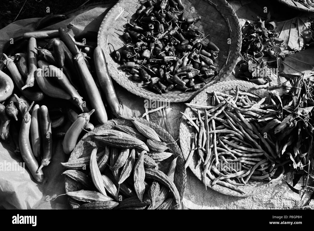 Auberginen, Paprika, Bohnen und Gurken für den Verkauf auf dem Wochenmarkt am MAING THAUK - INLE-See, MYANMAR Stockfoto