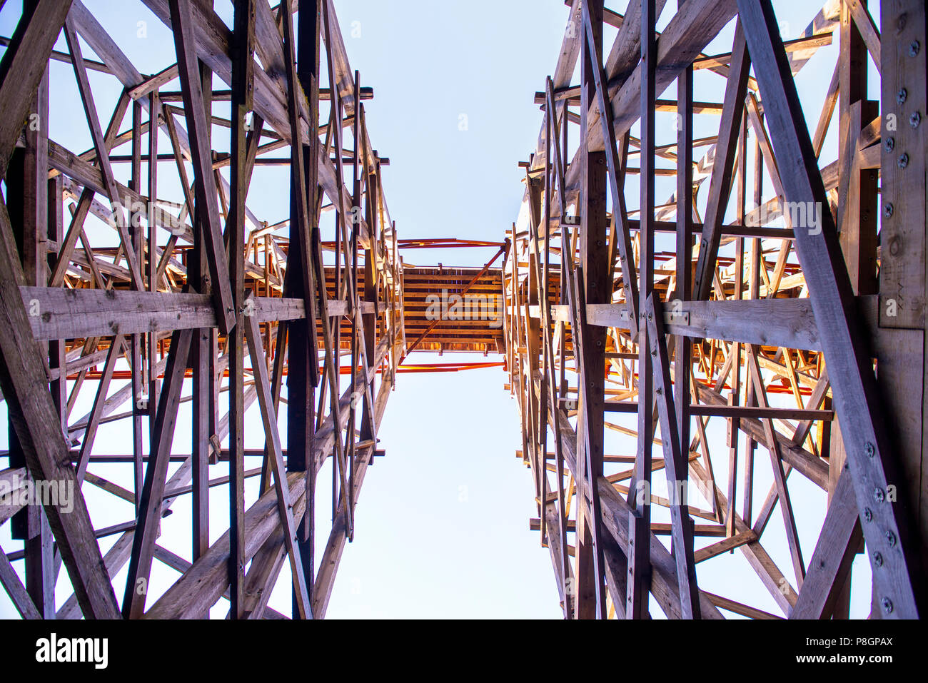 Detail der Kinsol Trestle hölzerne Eisenbahnbrücke in Vancouver Island, BC, Kanada. Stockfoto