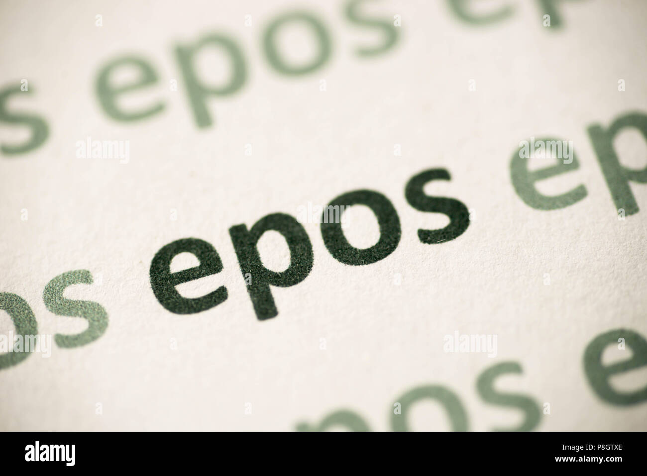Wort Epos auf weißem Papier Makro gedruckt Stockfoto