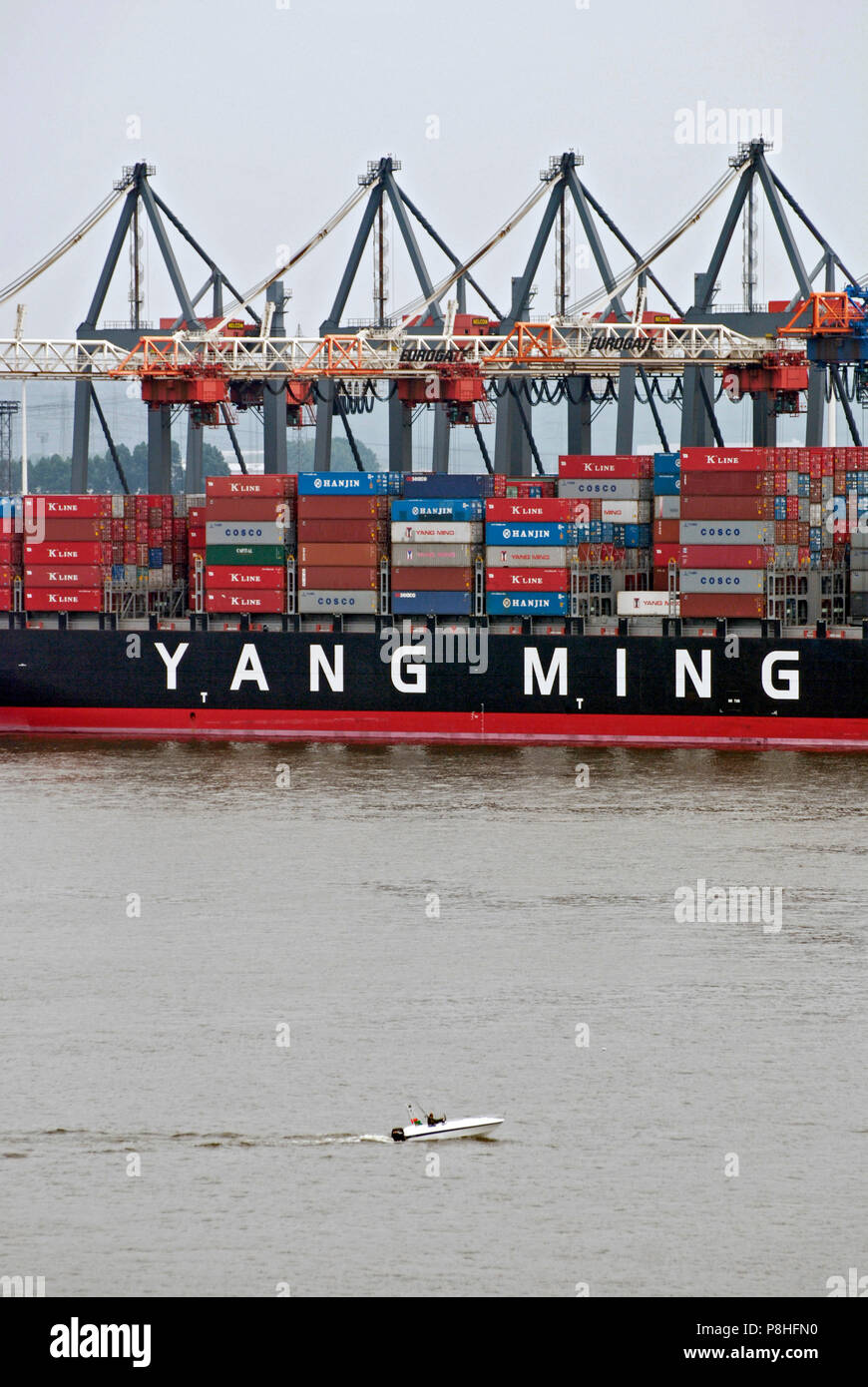 Ein container-frachter der Reederei Yang Ming balatonfüred am Hamburger Container-Terminal Eurogate und wird bedient. Stockfoto