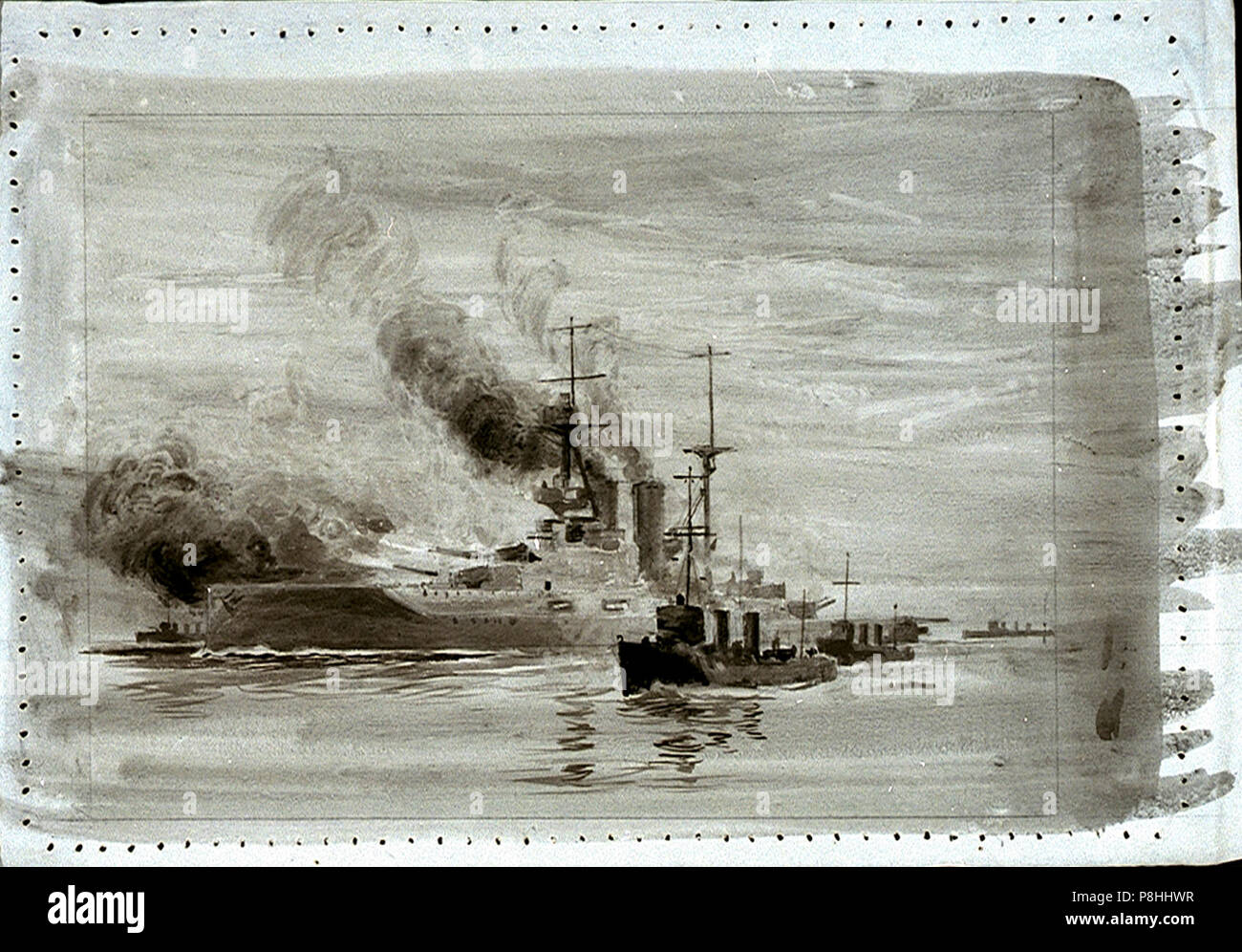 Ein 'Queen Elizabeth'-Klasse Schlachtschiff feuern Ihr zu Waffen, wahrscheinlich im schießwesen Praxis RMG-PV3352. Stockfoto