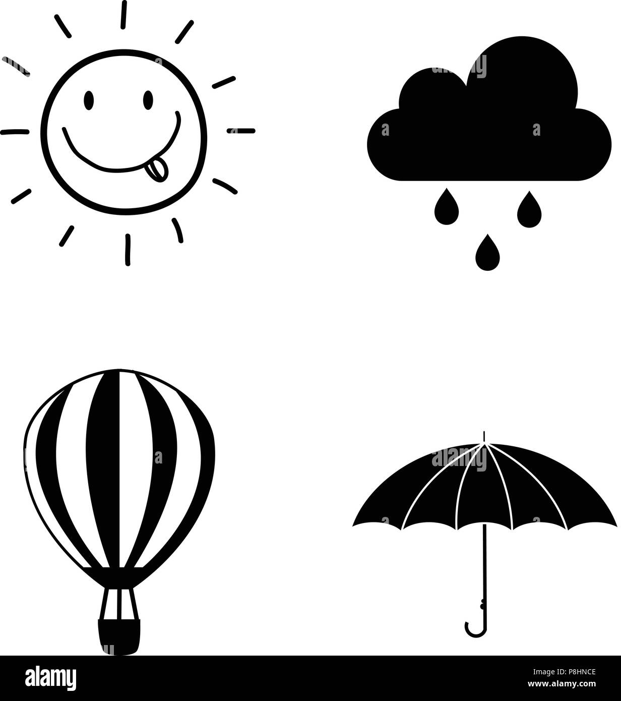 Vector schwarz und weiße Silhouette Abbildung: Jahreszeiten Wetter Icon Set Sammlung auf weißem Hintergrund. Lächelnd Hand gezeichnet Sun, regnerischen Clou Stock Vektor