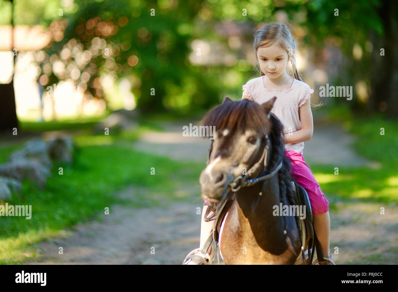 Adorable kleine Mädchen reiten ein Pony im Sommer Stockfoto