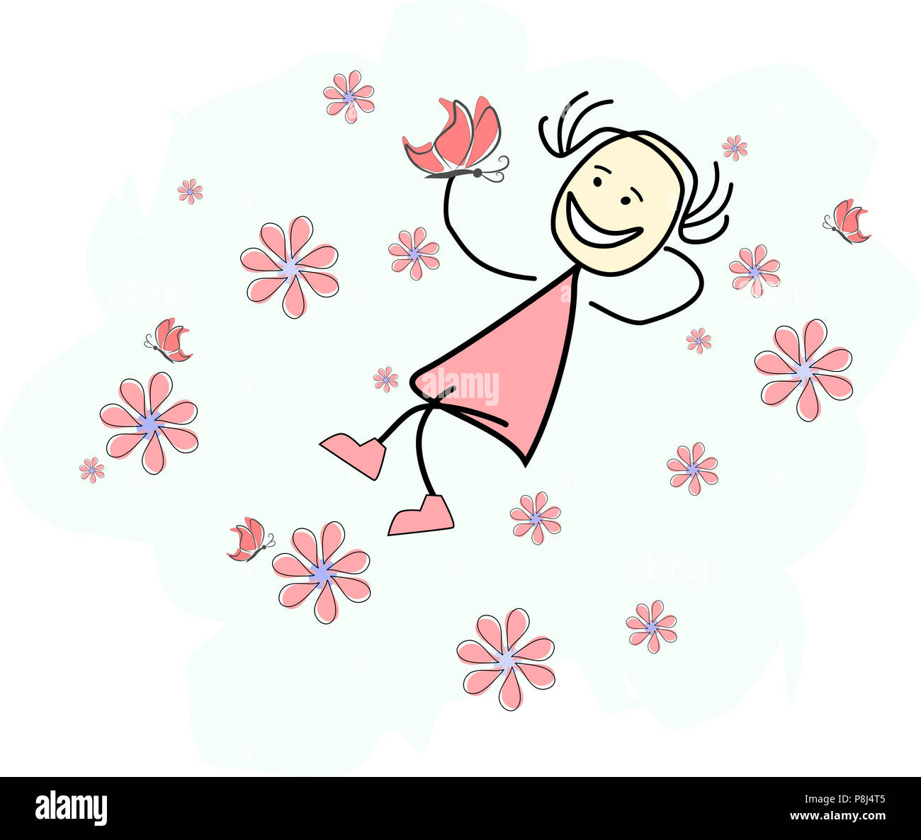 Mädchen liegt auf einer Blumenwiese Stockfoto