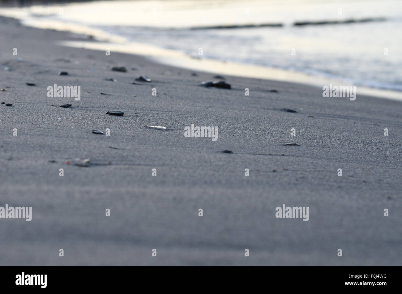 Steine im Sand am Strand in der Gischt des Ostsee Stockfoto