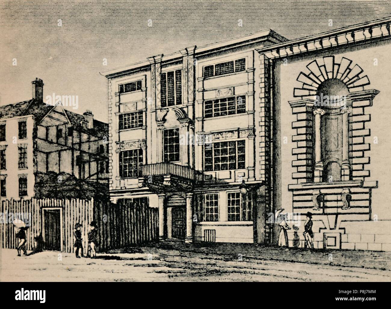 "General Post Office, circa 1793 - Übersicht Gebäude angrenzenden Lloyd's Coffee House" (1928). Artist: Unbekannt. Stockfoto