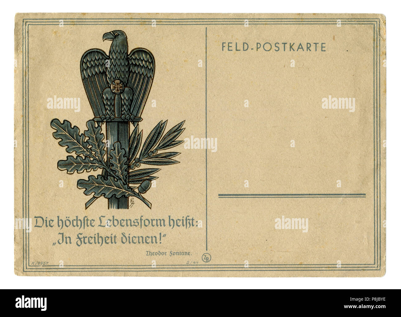 Deutsche Historische Postkarte: ein Adler auf einem Schwert. Zitat Autor: die höchste Form des Lebens ist die Freiheit zu dienen! Theodor Fontane. Deutschland Stockfoto