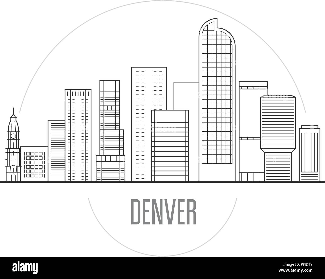 Denver City Skyline - Downtown Stadtbild, Türme und Wahrzeichen in der Büchse Stil Stock Vektor