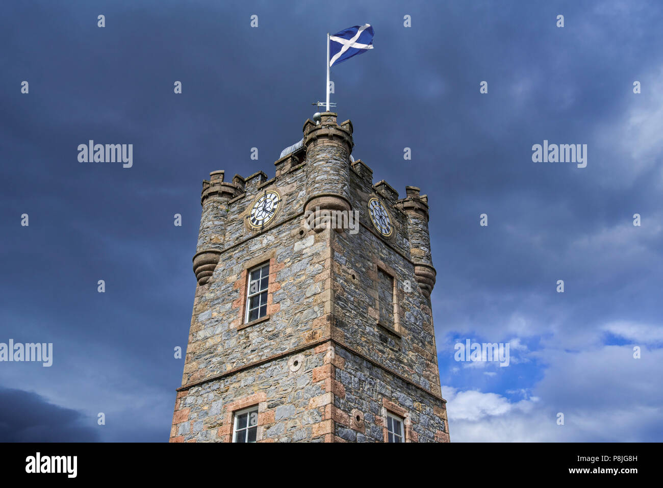 19. jahrhundert Dufftown Clock Tower, vorher ein Gefängnis aus, aber jetzt eine Touristeninformation, Banffshire, Moray, Schottland, Großbritannien Stockfoto