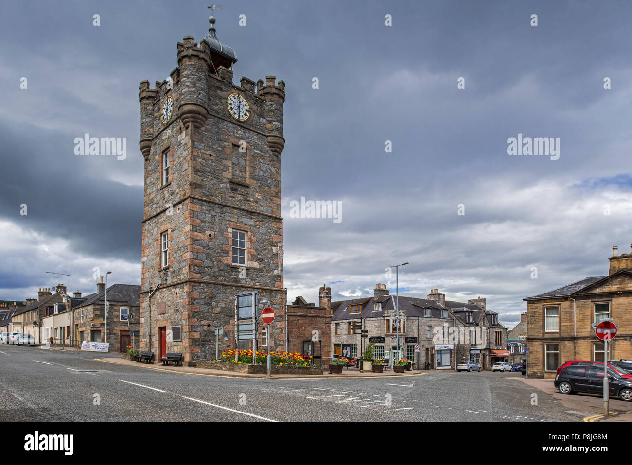 19. jahrhundert Dufftown Clock Tower, vorher ein Gefängnis aus, aber jetzt eine Touristeninformation, Banffshire, Moray, Schottland, Großbritannien Stockfoto