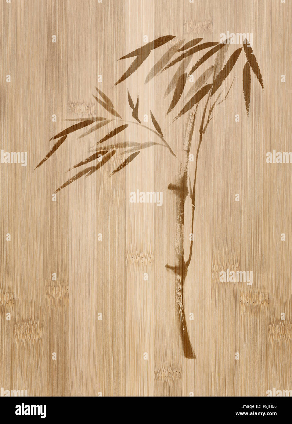 Orientalische Zen Stil Abbildung eines Bambus Stiel mit Blättern, Japanische Sumi-e ink Gestaltungsarbeit auf natürliche bambus holz- Hintergrund Stockfoto