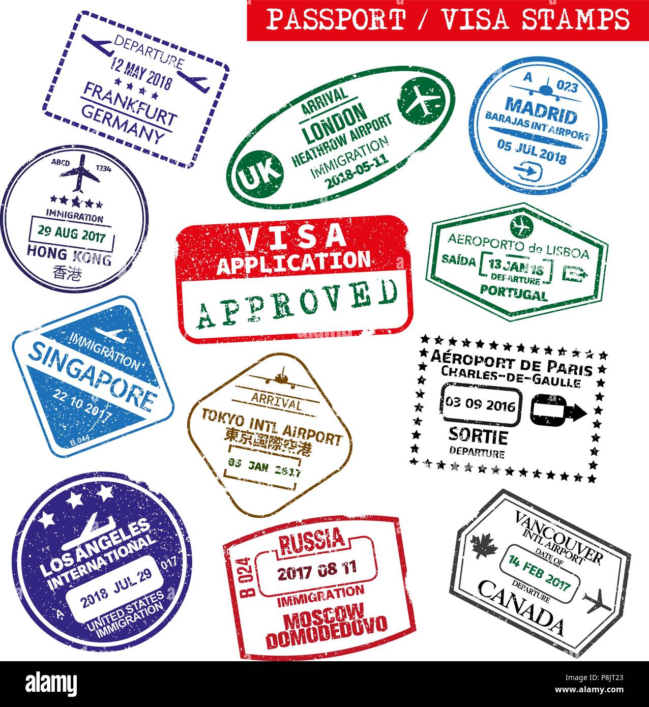 Satz von Grunge Visum und Reisepass Stempel gedruckt Stock Vektor