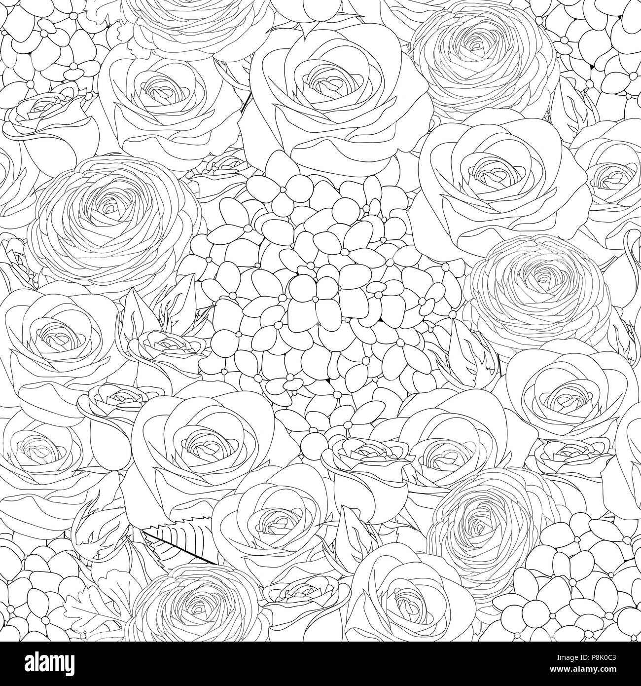Rose, Hortensie und Ranunculus Umrisse nahtlose Hintergrund. Vector Illustration. Stock Vektor