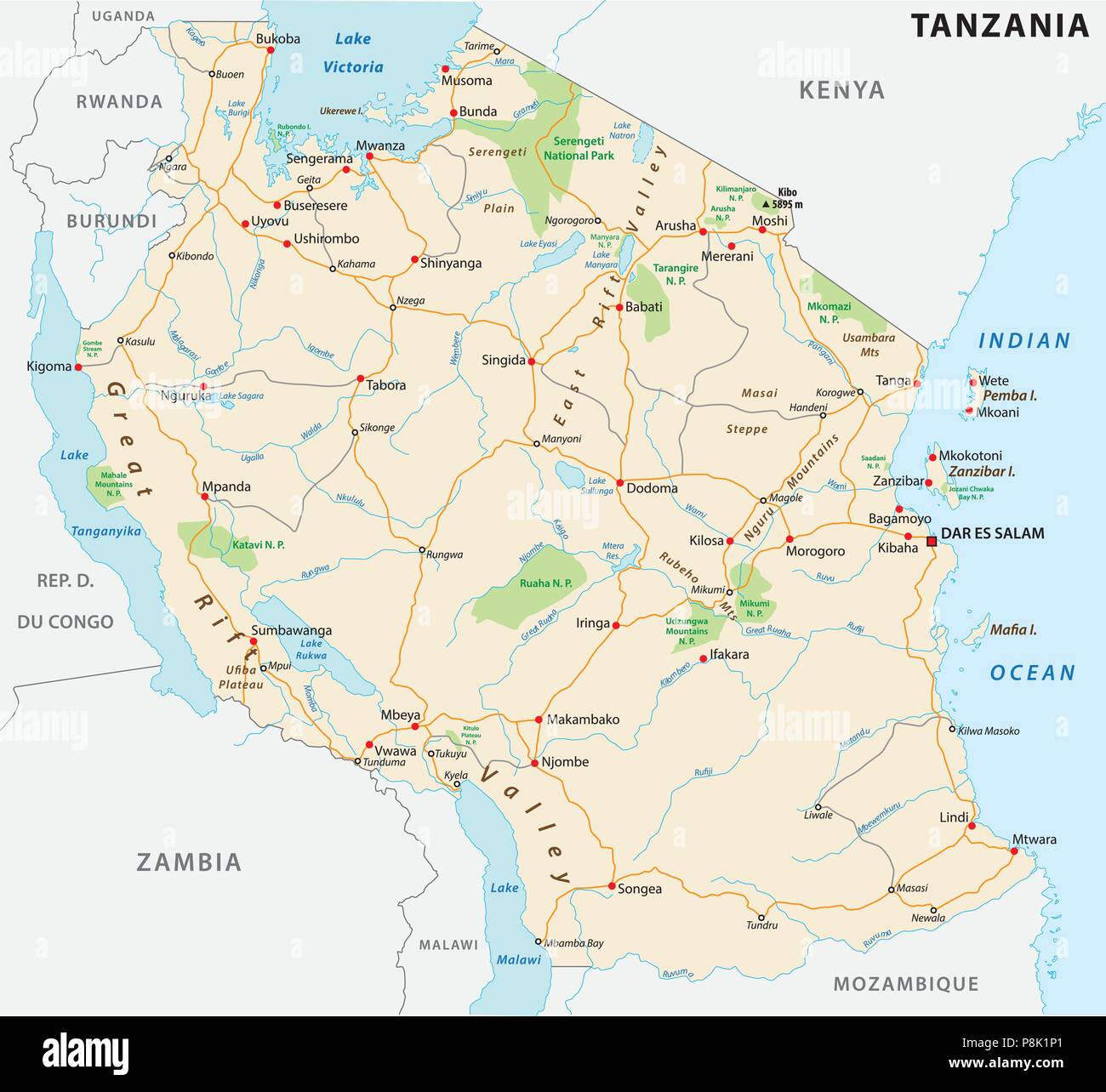 Vereinigte Republik Tansania Straße Vektorkarte Stock Vektor
