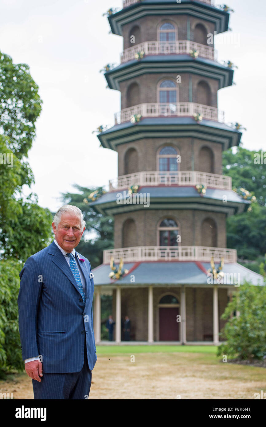 Der Prinz von Wales bei einem Besuch der Royal Botanic Gardens in Kew, London, der vor kurzem restauriert gemäßigt Haus feiern und die restaurierte große Pagode auf Tour. Stockfoto