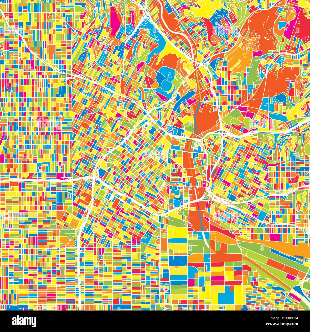 Los Angeles, United States, bunte Vektorkarte. Weiße Straßen, Schienen und Wasser. Helle farbige Wahrzeichen formen. Kunst Muster drucken. Stock Vektor