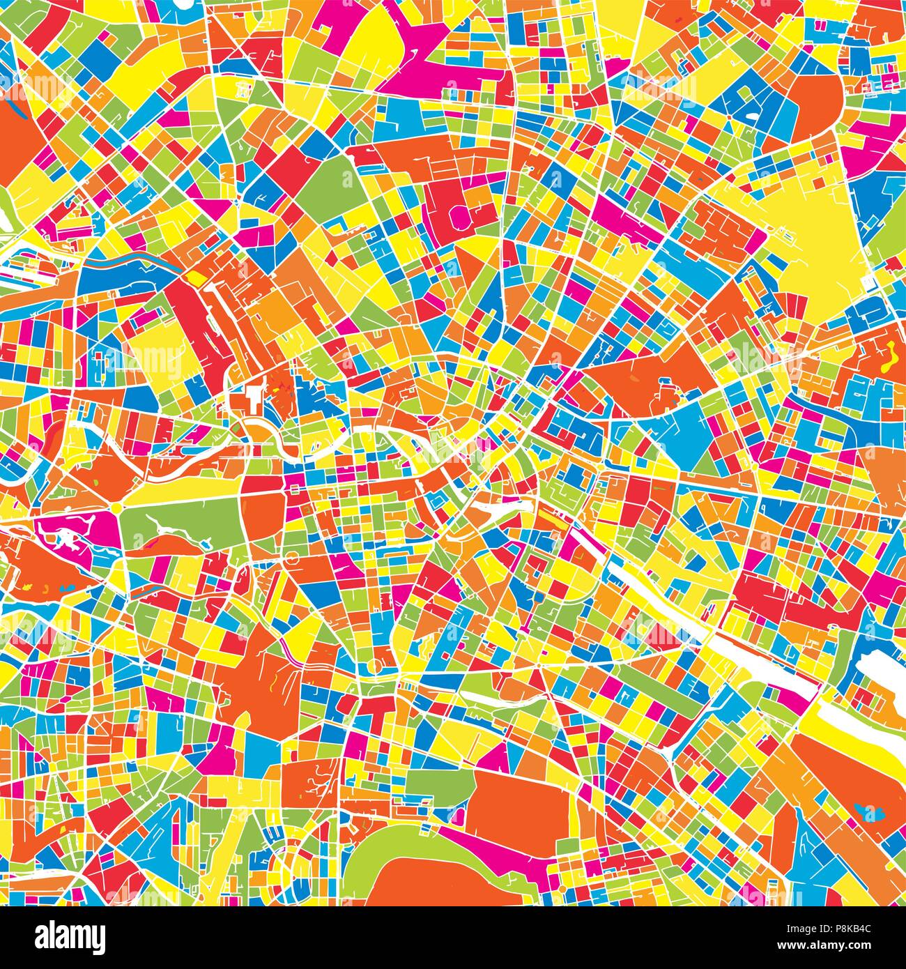 Berlin, Deutschland, bunte Vektorkarte. Weiße Straßen, Schienen und Wasser. Helle farbige Wahrzeichen formen. Kunst Muster drucken. Stock Vektor